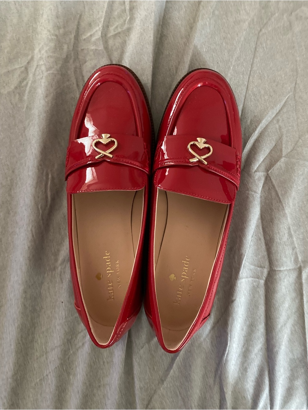 kate spade Red Patent Loafers with Gold Heart Accent